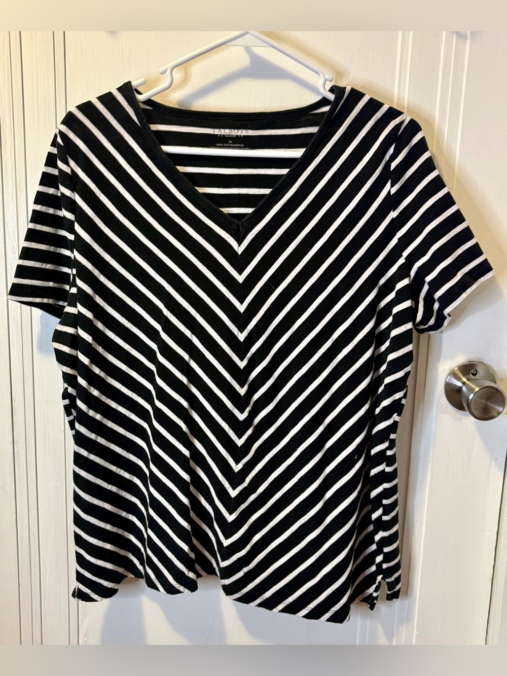 Talbots Black & White Striped V-Neck Short Sleeve Tee